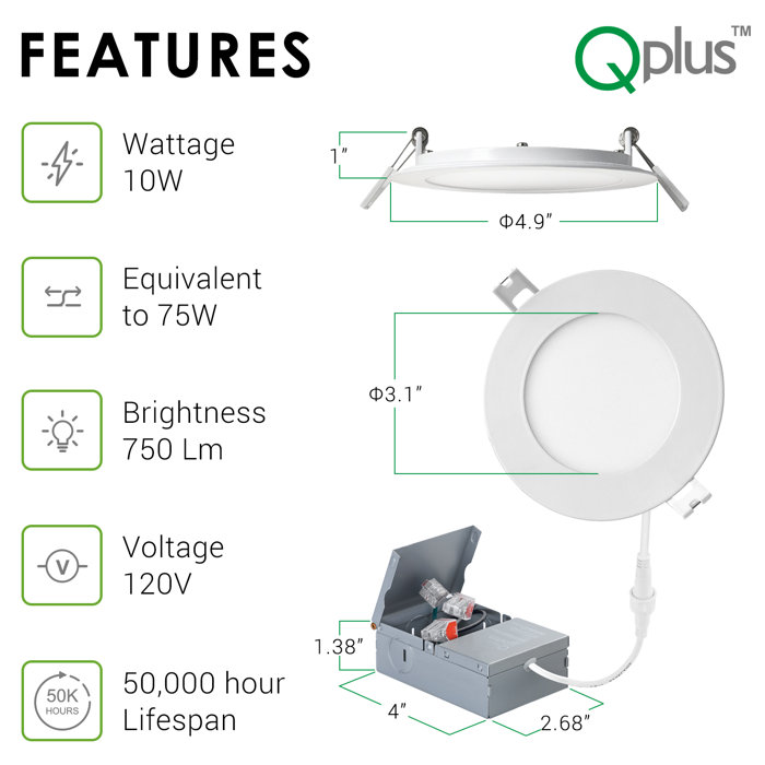 QPLUS 4 Inch Dimmable 4000K Bright White LED Recessed Light, Canless